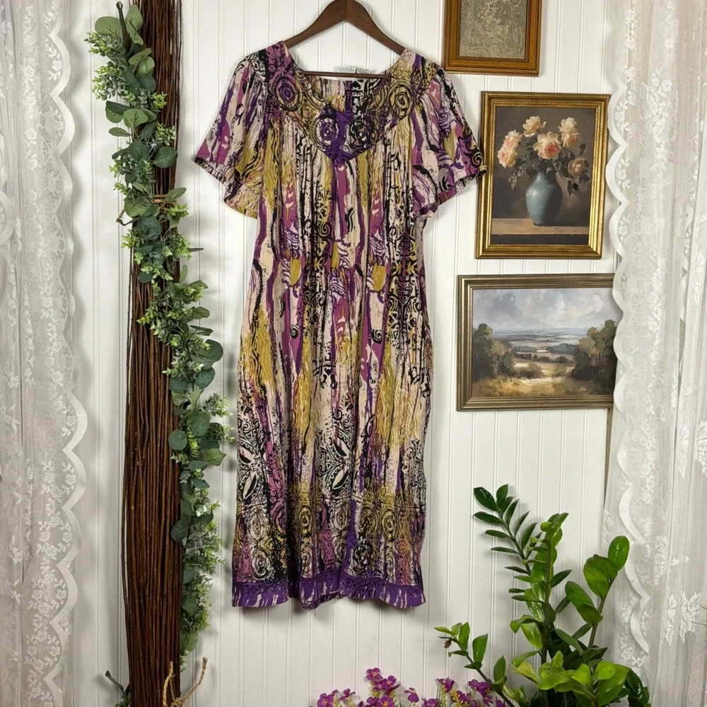 Daffodil By Loungees Nightgown 1X Purple Excellent Abstract Cotton Muu Muu